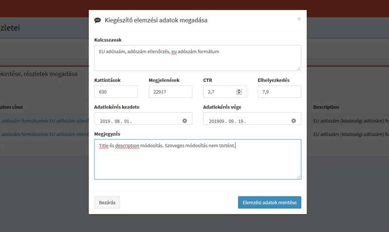 Analízishez bekért adatok