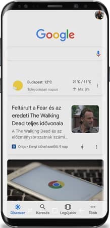 Google Discover főképernyő