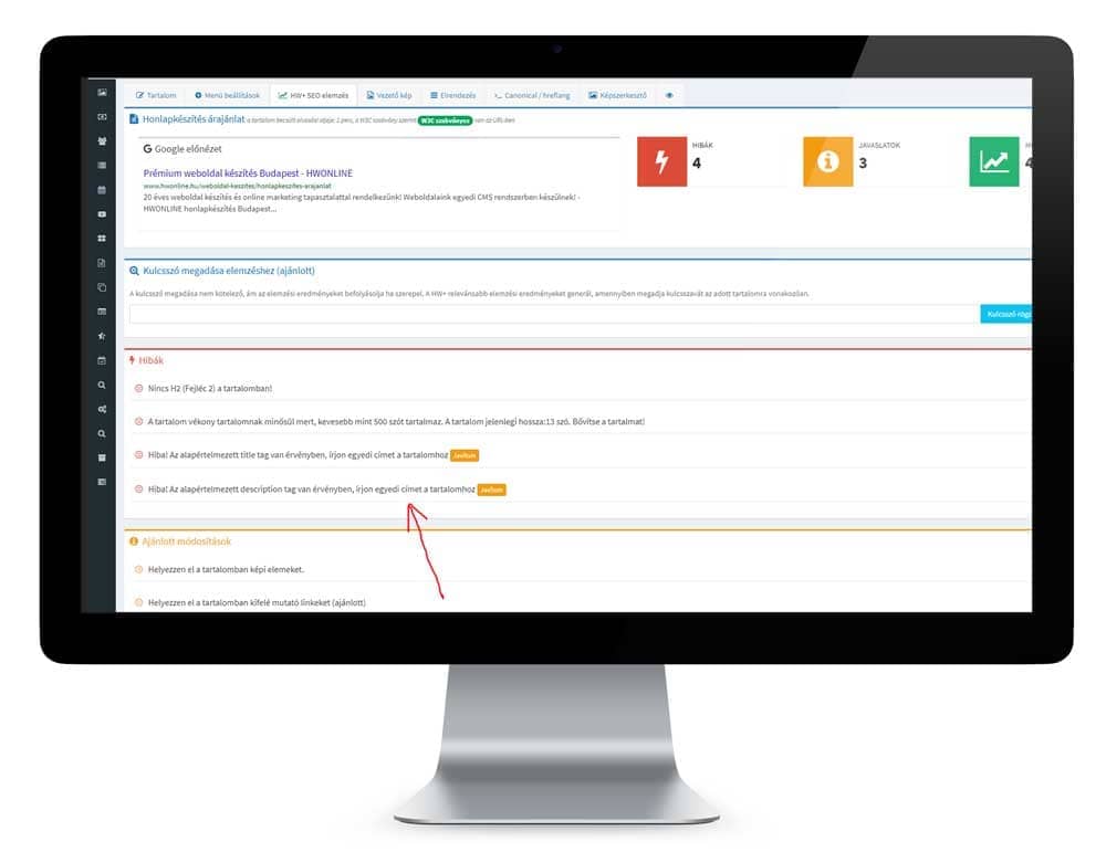 HW Plus CMS beépített SEO elemző