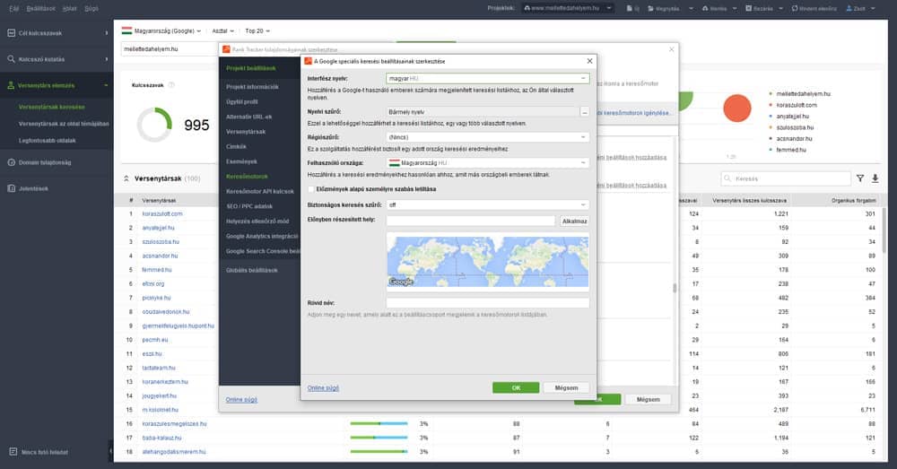 Lokalizációs beállítások a Rank Tracker-ben
