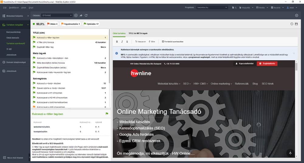 Tartalom elemzés a Website Auditor-ban